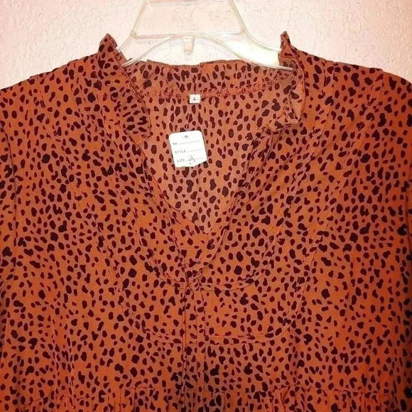 Womens Long Sleeve Ruffle Animal Print Boho Casual Loose Swing Dress Large - Picture 5 of 7